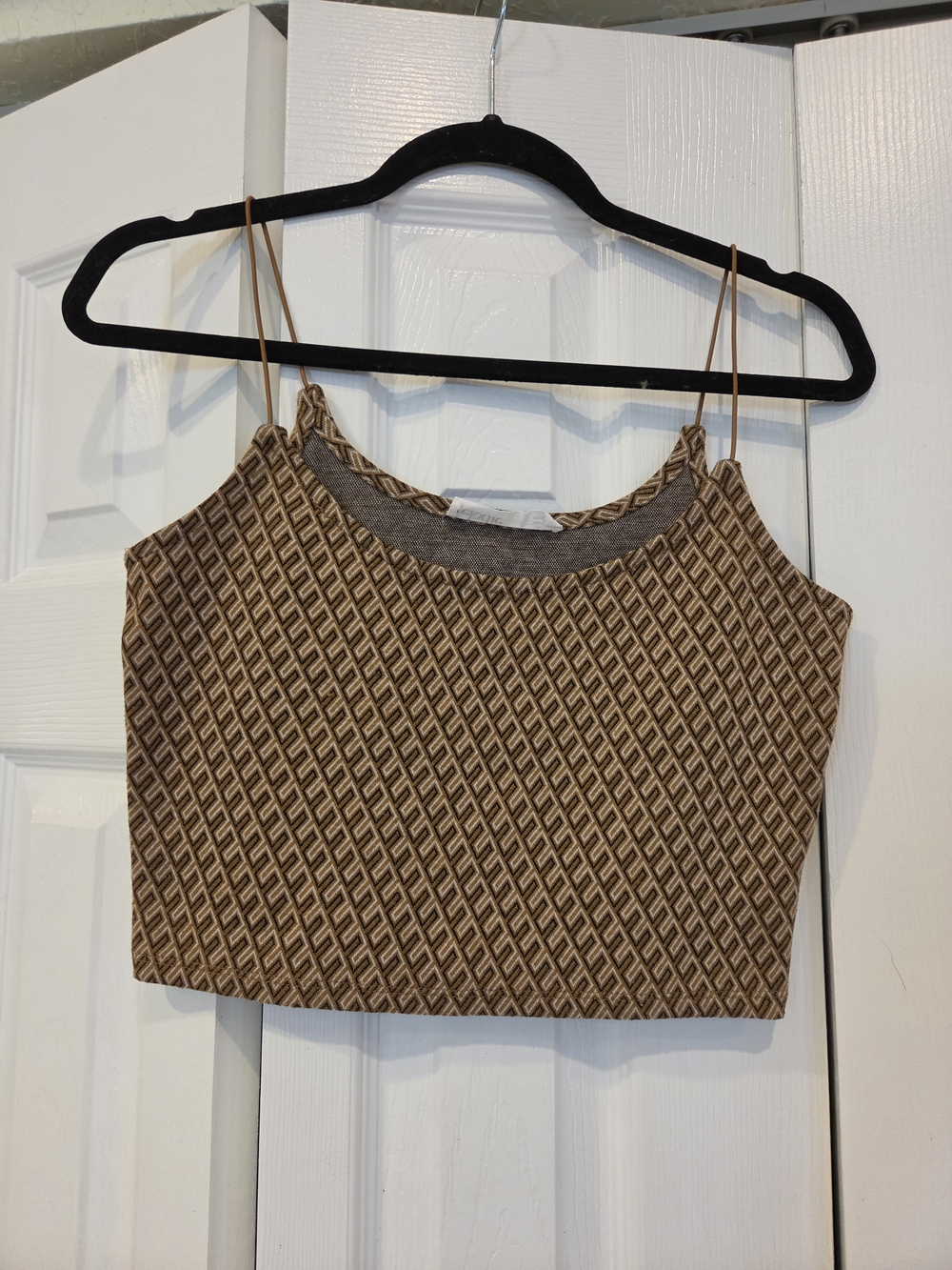 Elodie Brown Patterned Spaghetti-Strap Crop Tank